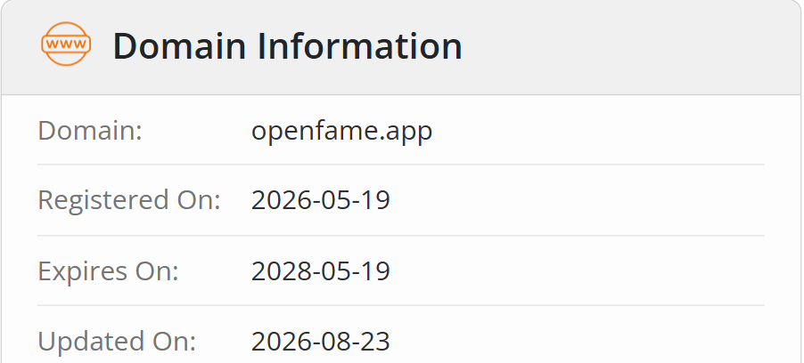 Catatan whois openfame.app, memperlihatkan tanggal pendaftaran 19 Mei 2026